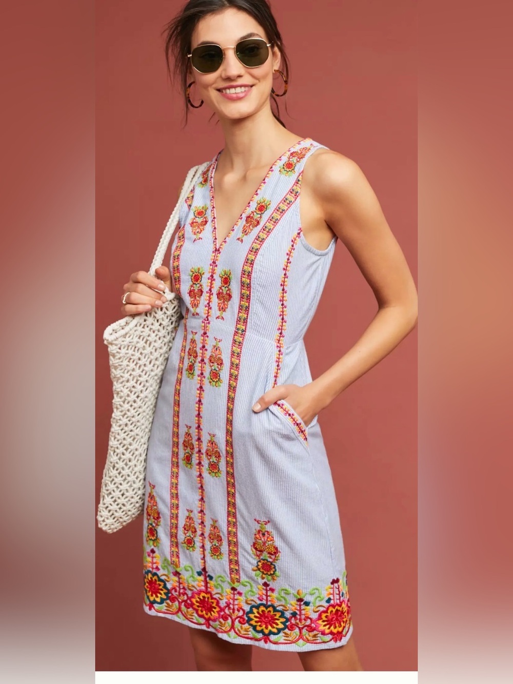 Anthropologie Light Blue Embroidered V-Neck Mini Dress size 14
